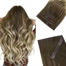 HOTBANANA Invisi Edge Clip in Hair Extensions, 20inch 110g 7Pcs Injected Seamless Clip in Extensions Real Human Hair Ombre Walnut Brown to Ash Brown and Bleach PU Hair Extensions Straight Hair