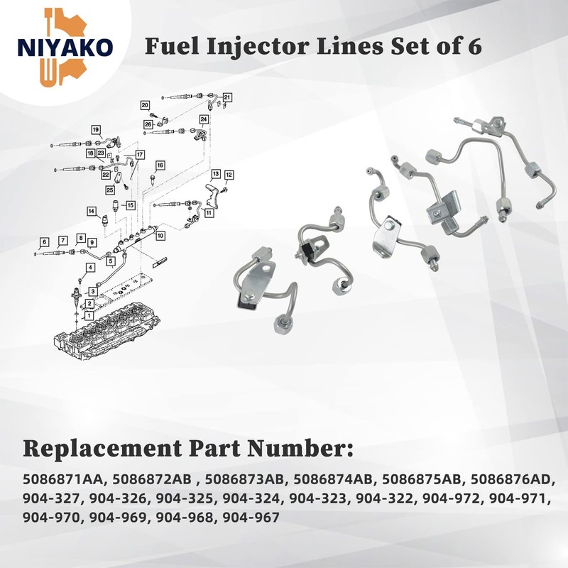 Niyako 6pcs Fuel Injector Supply Lines Replacement# 5086872AB 5086871AA 5086873AB