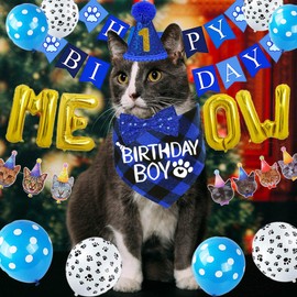 STMK Cat Birthday Party Supplies, Cat Birthday Hat Bandana Bow Tie Collar Birthday Number Cat Birthday Banner Garland Meow Letter Balloons for Cat Kitten Birthday Outfits Decorations
