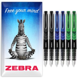Zebra Fuente Pen - Disposable Fountain Pens - Pack of 6 - Black, Blue, & Green Ink - In Zebra Cardboard Gift Box