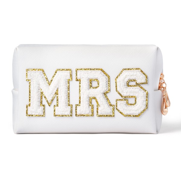 Bride MRS Patch Cosmetic Bag Letter Makeup Bag Small Toiletry Bag PU Leather Portable Waterproof Multifunctional Storage Makeup Bag Bridal Bag Wedding Gift for Women (Sliver)