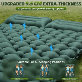 Double Camping Sleeping Pad, 4" Extra Thick 2 Person Inflatable Sleeping Pad with Built-in Foot Pump & Pillow, Self Inflating Camping Mattress for Tent, Backpacking, Hiking, Travel, RV（Dark Green）
