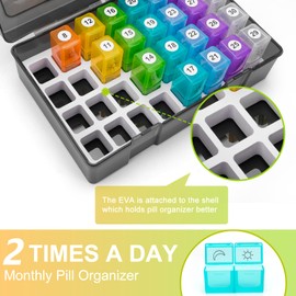 Yewltvep Monthly Pill Organizer 2 Times a Day, 30 Day Pill Organizer 2 Times a Day, Monthly Pill Organizer 2X a Day with Travel Case, Month Pill Box Organizer with 32 Daily Compartments, Pill Holder