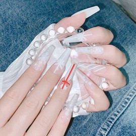 Snowflake Press on Nails Long Christmas Fake Nails White Stripes Snowflakes Ribbons Designs Glue on Nails Acrylic Nails French Tip False Nails Full Cover Coffin Nails for Women Xmas Nails Decor 24 Pcs
