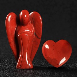 Artistone Pocket Guardian Angel and Heart Stone Set, Natural Healing Crystal Angel Figurines with Small Love Heaven Gemstones for Your Love with a Gift Box (Red Jasper)