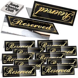 Framokoko 12 Pcs Black Mirrored Reserved Table Signs, 6" x 2" Double Sided Letters, Acrylic Reserved Table Tent Signs with Cleaning Cloth for Wedding Restaurant Ceremony Party Banquet Chairs