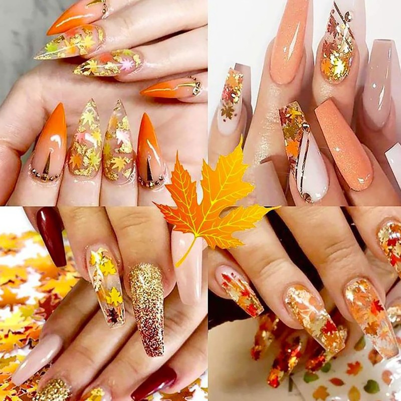 6 Grid Fall Maple Leaf Glitter Sequins Nail Accessories Thanksgiving