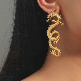 Vintage Dragon Drop Earrings Punk Exaggerated Dragon Dangle Earrings Gold Dragon Drop Stud Earrings Ancient Dragon Ear Accessories Jewelry for Women (gold)