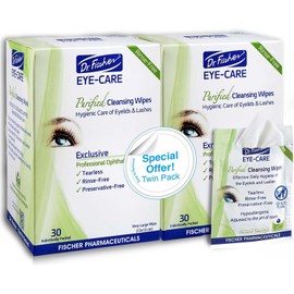 Toallitas purificadas para párpados Dr. Fischer, hipoalergénicas y no irritantes, prehumedecidas para aliviar el enrojecimiento y la sequedad ocular, y desmaquillar los ojos sensibles.