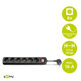 Goobay 51290 AC Power Strip with Switch, 1.5 m Cable Length, Black