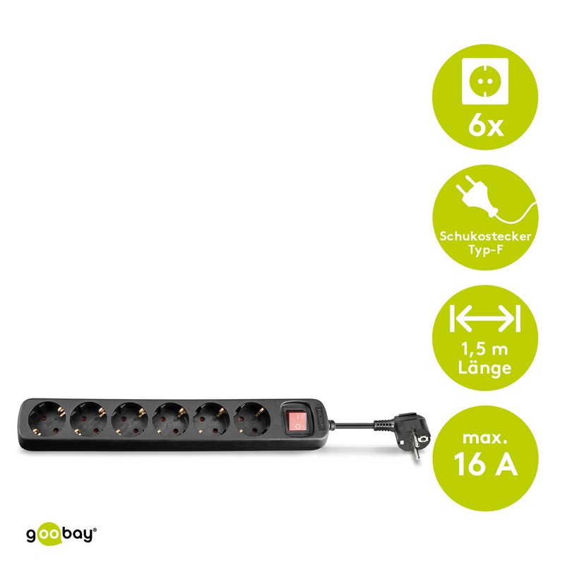 Goobay 51290 AC Power Strip with Switch, 1.5 m Cable
