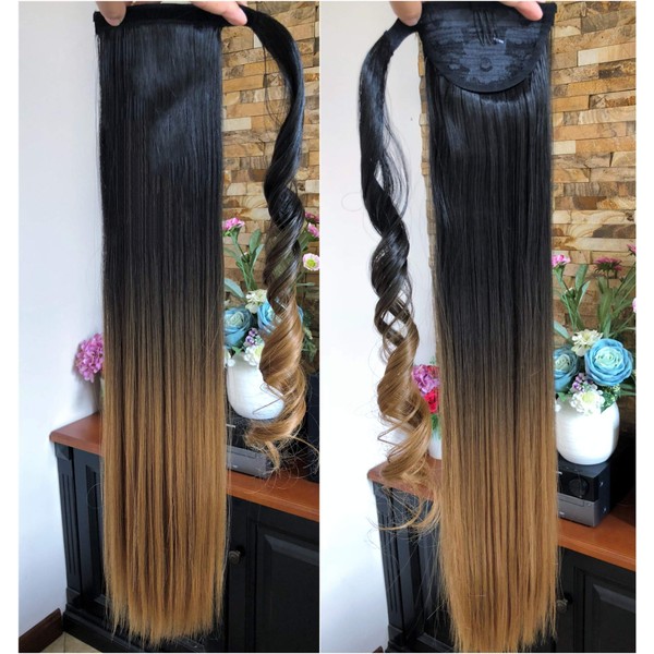 22" Long Straight Ombre Dip Dyed Clip in Wrap around Ponytail Hair Extensions Hairpieces(22" Straight- Natural black to honey blonde)