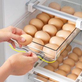 LOMUG Fridge Organiser Eggs, Drawer Egg Holder, Egg Container for Fridge, Egg Box Fridge, Egg Baskets with Slide Rail and Handle, Storage Box for up to 21 Eggs, Kitchen Refrigerators