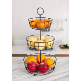 HANZE 3-Tier Wire Fruit Basket Bowl, Detachable Vegetable Bread Basket Display Storage Stand, Design for Kitchen, Bathroom Organization, Brown