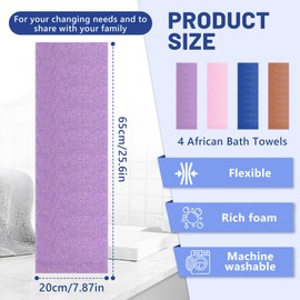 Pack of 4 African Scrubs, African Mesh Sponge, African Exfoliating Back Scrubber, Back Brush for Daily Bathing, Men, Women (25.6 x 7.9 Inches)