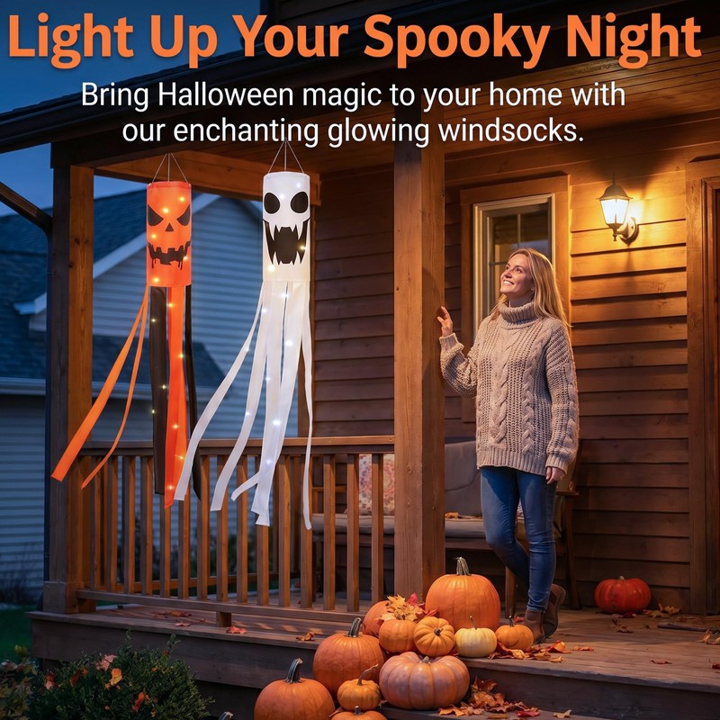2Pcs Halloween Ghost Windsock with Lights Outdoor Decor