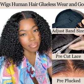 Wear and Go Glueless Bob Wigs Human Hair Pre Plucked Pre Cut Water Wave Curly Bob Wig Human Hair Glueless Short 4×4 Lace Front Wigs Human Hair For Black Woman Natural Black 12inch 180% Density