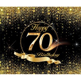 70th Birthday Backdrop 8x6ft Black Gold Birthday Backdrop for Party