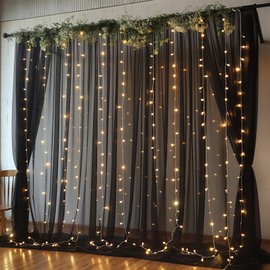 20ft x 10ft Black Backdrop Curtain with Lights String for Parties, Sheer Tulle Wedding Photo Backdrops Drapes for Baby Shower Birthday Party Decorations Background for Photography