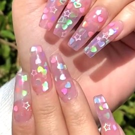 Holographic Nail Art Glitter Sequins, 3D Pink Black Glitter Flakes Nail Art Designs, Love Heart Butterfly Star Floral Acrylic Nails Supplies for Women Girls Manicure Decorations DIY Shiny Nails Crafts