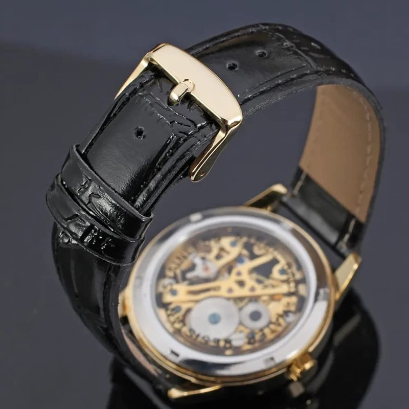 Dentily Classic Mechanical Hand-Wind Watch Men's Skeleton Watch Leather Strap