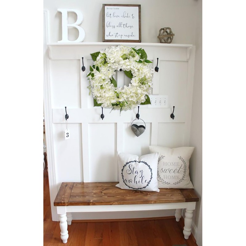 16'' Artificial Hydrangea Wreath White Fake Flower Wreath, Faux Hydrangeas