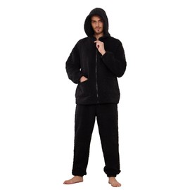 Vulcanodon Mens Plush Hooded Zipper Pajama Set, Soft Warm Long Sleeve Sleepwear with Pockets Fluffy Fuzzy Cozy Pjs(Black,L)