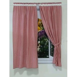 Yaland Curtains with Checked Pattern, Country House Style, Checked Size 1 x 1 cm, Living Room Curtain Scarves with Tiebacks (W x H 100 x 140 cm, Red) Pack of 2