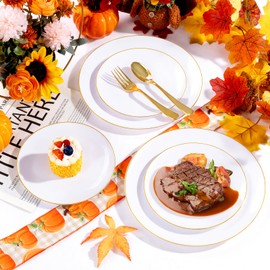 YOUBET 175PCS Gold Rimmed Plastic Plates - White and Gold Disposable Plates Includes 25 Dinner Plate, 25 Dessert Plate, 75Silverware, 25 Cups, 25 Napkins for Wedding & Party & Christmas