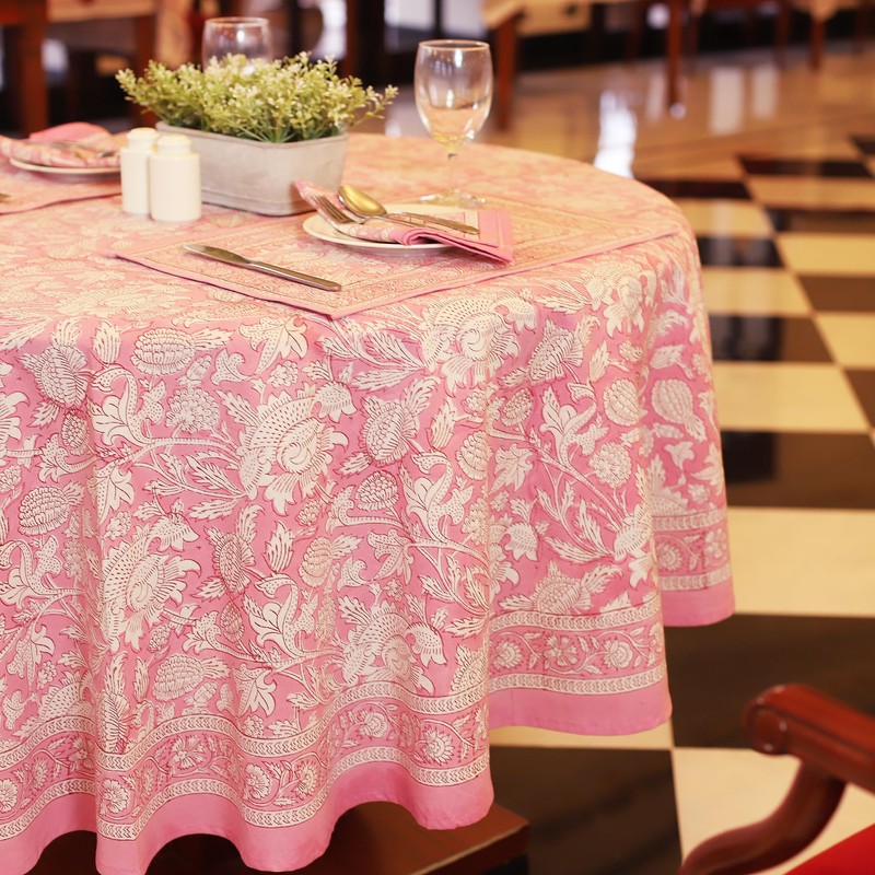 Labhanshi Pink Block Print Round Table Cloth|Indian Round Floral Cotton