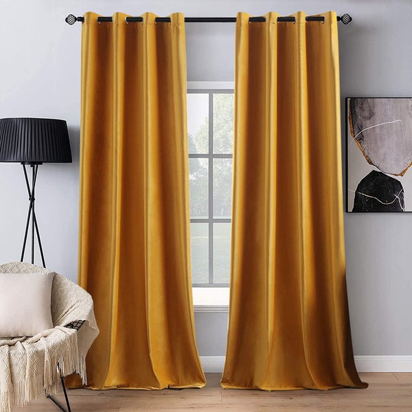MIULEE 2 Panels Blackout Velvet Curtains Solid Soft Grommet Mustard Yellow Curtains Thermal Insulated Soundproof Room Darkening Curtains/Drapes/Panels for Fall Living Room Bedroom 52 x 90 Inch