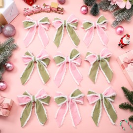Soulchen 12 Pcs Pastel Velvet Bows for Christmas Tree Vintage Xmas Tree Topper Bows Ornaments for Christmas Wreath Pink Green Bow Craft Holiday Party Supplies