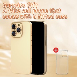 Fake Phone Dummy Prop Phone, Black Screen Decoy Phone Pear Phone Non-Working Phone 15 Pro for Kid Play, Display Phone Look Like Real Phone 14 Pro (Gold)