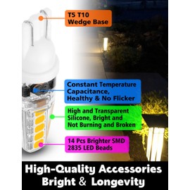 Xyanmc T5 T10 Wedge Base LED Landscape Bulbs 12V Low Voltage 2W 300lm, DC10-30V/AC12-24V 2700K Warm White for Outdoor Landscape Path Deck RV Camper Lights, 10 Pack