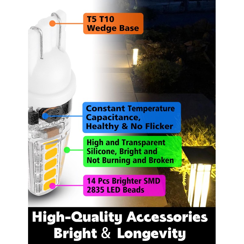 Xyanmc T5 T10 Wedge Base LED Landscape Bulbs 12V Low