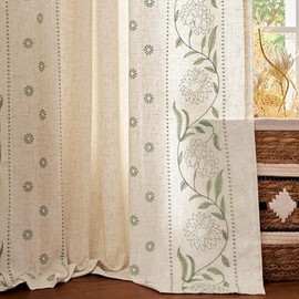 Jinchan Winslow - Cortinas de lino con forro para recámara, 84 pulgadas, mezcla de lino bordado, cortinas florales para sala de estar, decoración de granja, tratamientos de ventanas, salvia en beige