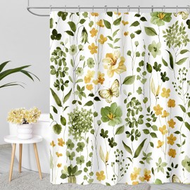 MAYZUS Long Shower Curtain 72 x 78 Inch, Tall Olive Green Floral Shower Curtains for Bathroom, Watercolor Flower Butterfly Fabric Shower Curtain Set with Hooks