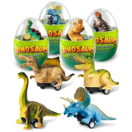 Greingways 4 Pack Dinosaur Pull Back Cars Prefilled Plastic Easter Eggs with Toys Inside Filled, Toddler Easter Basket Stuffers Egg Fillers Montessori Toys Easter Gifts for Kids Boys Girls