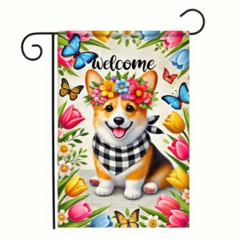 BlissYard Corgi Welcome Spring Garden Flag 12x18 Double Sided Small Tulip Flower Garden Flag Floral Corgi Dog Yard Flags Outside Summer Porch Lawn Spring Seasonal Outdoor Decor Dog Lover Decoration