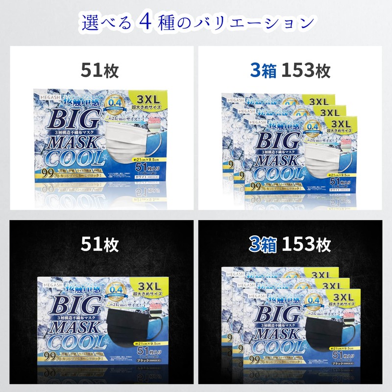 [MEGASH] マスク 大きめ 冷感 51枚 210mm 不織布 3XL BIGMASK 超大きめ