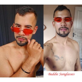 Mriendao Retro Small Red Sunglasses Rimless Hippie 90s Sun Glasses Vintage Tinted Frameless Rectangle Shades Y2k Accessories