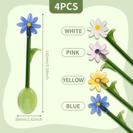 4 Pcs Flower Glass Spoons,5.9 inch Colorful Transparent Long Handled Coffee Stirring Spoons Cocktail Stirrer for Home Bar & Party Gathering