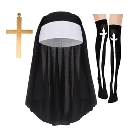 3Pcs Nun Outfit Women Nun Headpiece Nun Costumes for Women Nun Fancy Dress Cosplay,Nun Hat,Cross Necklace,Knee Socks