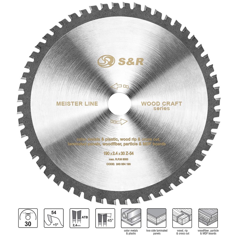 S&R Circular Saw Blade 190mm 54T - Multi Material Plain