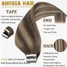 Anrosa Tape in Hair Extensions Human Hair Roots Color 5 Warm Brown Fading to 12 Dark Dirty Blonde Skin Weft Tape in Extensions Remy Hair 16 Inch Remy Tape in Hair 50 Gram 20 Pcs