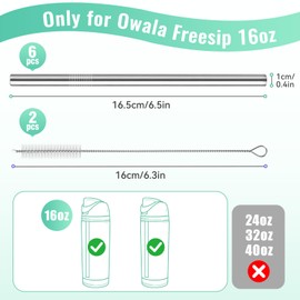 6 PCS Metal Straw Replacement for Owala Freesip 16oz Kids Water Bottle, Reusable Stainless Steel Straws with 2 Cleaning Brushes, BPA-free Dishwasher Safe Straw Accessories for 16oz Owala Cup