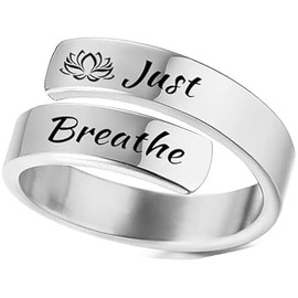 KOFISNI Just Breathe Ring For Women Stainless Steel Spiral Wrap Twist Vintage Healing Ring Used to relieve anxiety Twist Inspirational Friendship Gift Jewelry (Silver)