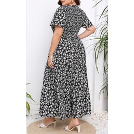 Younrui Womens Plus Size Long Maxi Dress with Pockets Floral Smocking Flutter Sleeves Tiered Layers Casual Dresses