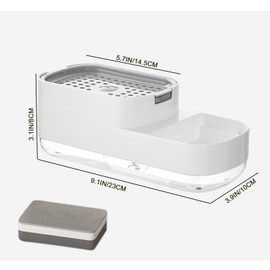 HIHALO Dispensador jabon trastes,dispensador de jabon Cocina, dispensador de jabón de Cocina con Soporte para Esponja, dispensador de jabón Push-Touch con 1 Esponja y Bandeja de Drenaje (Blanco)