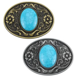 GORGECRAFT 2 Colors Western Turquoise Stone Belt Buckle 90×66Mm American Vintage Indian Turquoise Oval Buttons with Flower for Women Ladies Cowgirl Cowboy Men Antique Bronze Silver